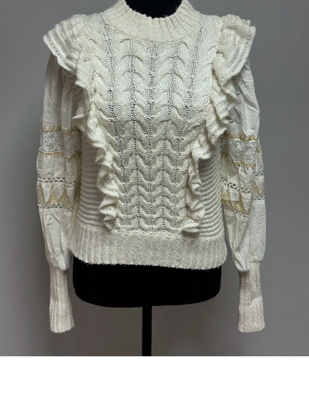 Anthropologie Cable Knit Ruffle Sweater Puff Sleeves Ivory Feminine Cozy Size S